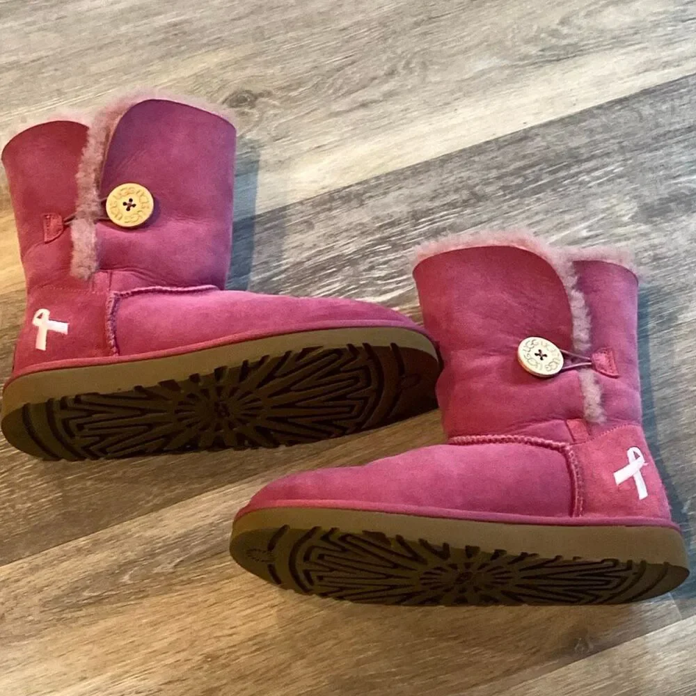 UGG Australia Pink Ribbon Tall Boots Womens Size 7 Suede Sheepskin EU 38